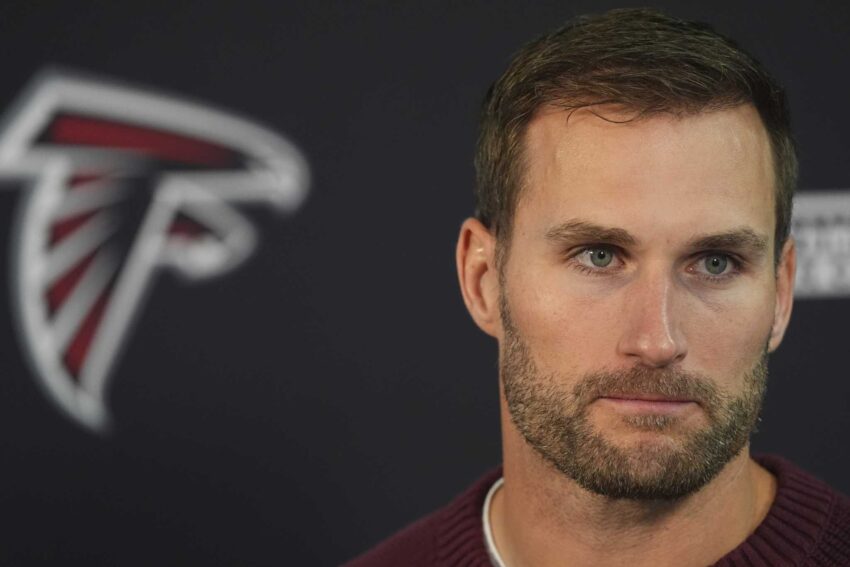 Atlanta Falcons quarterback Kirk Cousins considers a question during a news conference after an NFL football game against the Denver Broncos, Sunday, Nov. 17, 2024, in Denver.