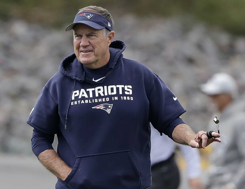 FILE - New England Patriots head coach Bill Belichick twirls his whistle during an NFL football practice, Wednesday, Sept. 18, 2019, in Foxborough, Mass.